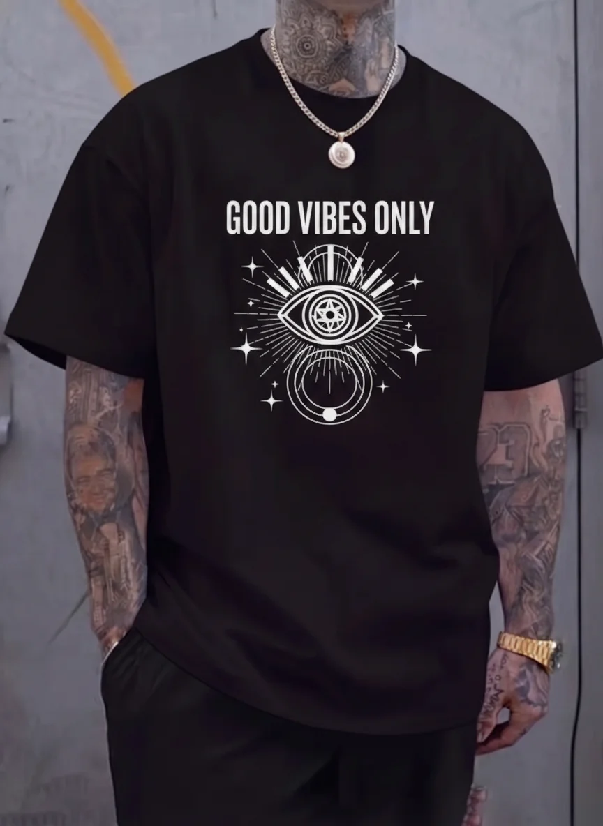 

Good Vibes Only Mystical Eye Graphic Tee Black Printed Tee with Celestial Moon and Star Illustration Spiritual Occult Aesthetic
