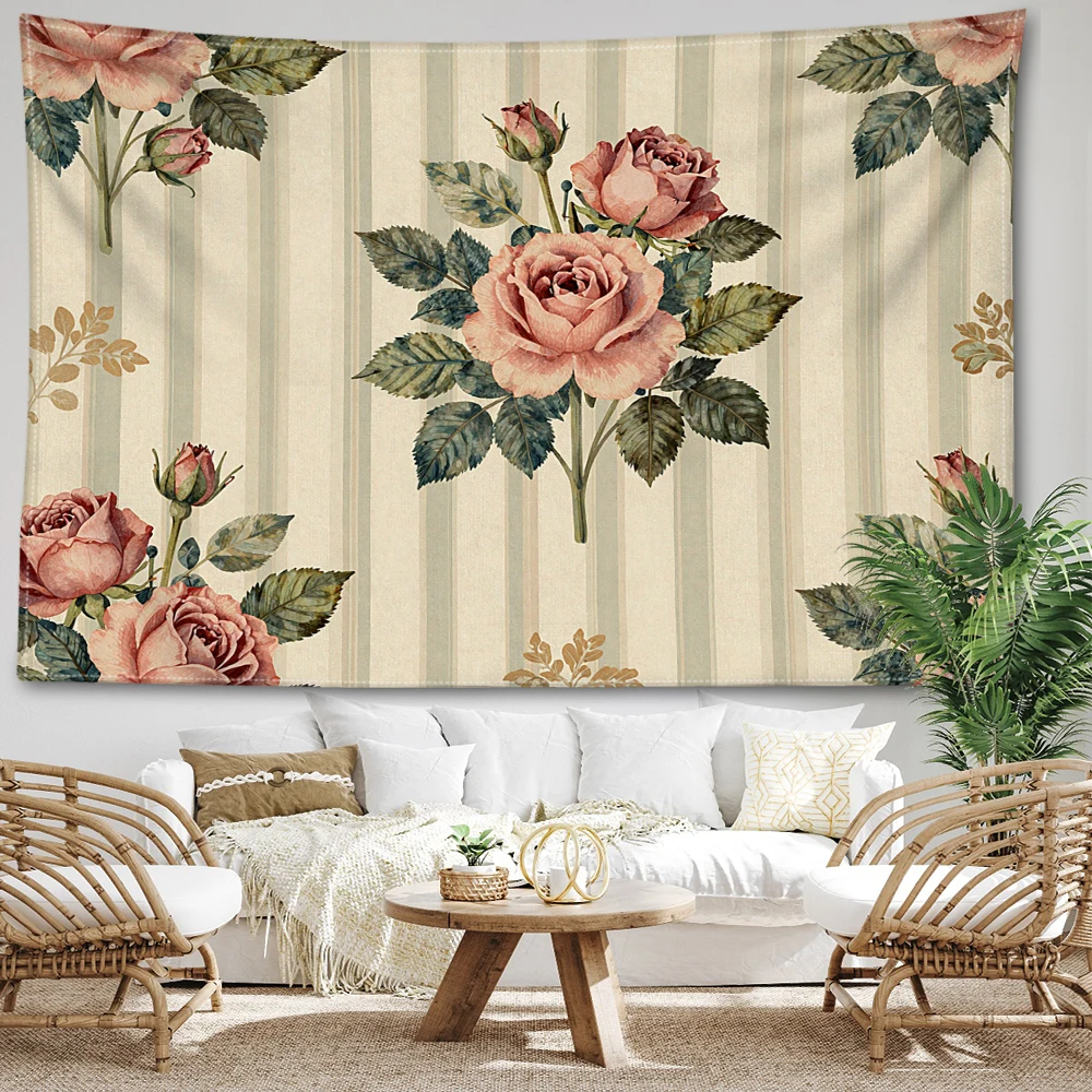Cream Striped Rose Printed Tapestry Wall Hanging Bohemian Style Bedroom Home Decor