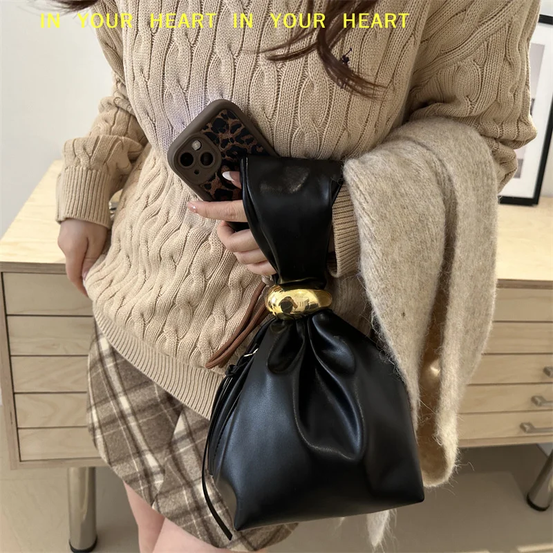 【X】Personalised PU Soft Leather Clutch Vintage Luxury Designer Women's Pleated Mini Bucket Bag Side Zip Party Evening Bag