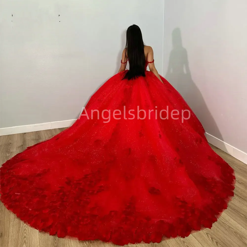 Angelsbride Unique Quinceanera Dress Glitter Tulle Sweet 16 Dresses Red Ball Gown Girl Pageant Gown Adult Prom Party