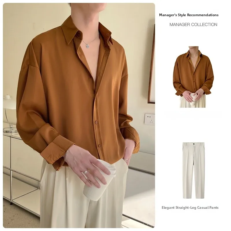 

Мужской комплект: рубашка с кубинским воротником из ледяного шелка, повседневный стиль, высококачественная модная комбинация для весны и лета, свободный крой, длинный рукав, полиэстер