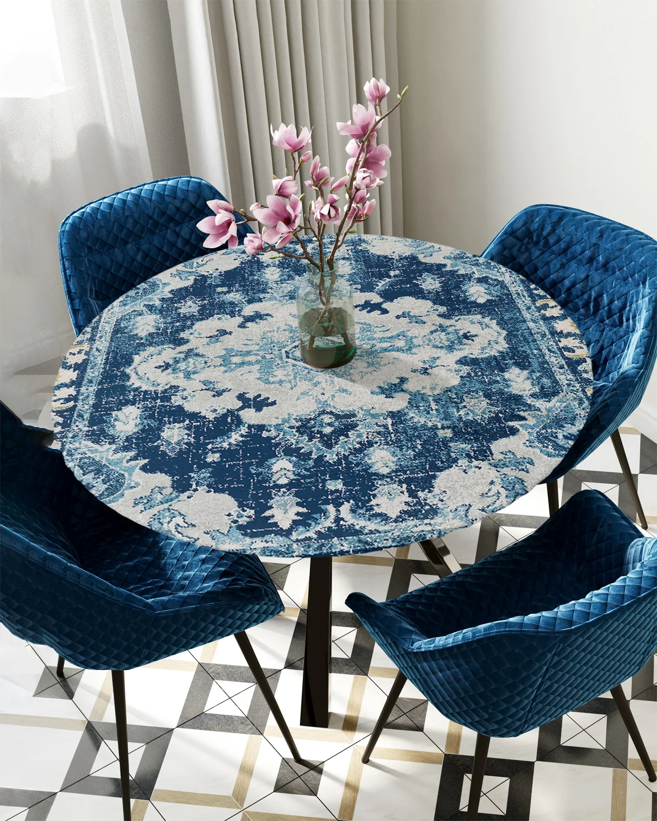 Vintage Carpet Texture Round Tablecloth Elastic Table Cover Indoor Outdoor Waterproof Dining Table Decoration Accessorie