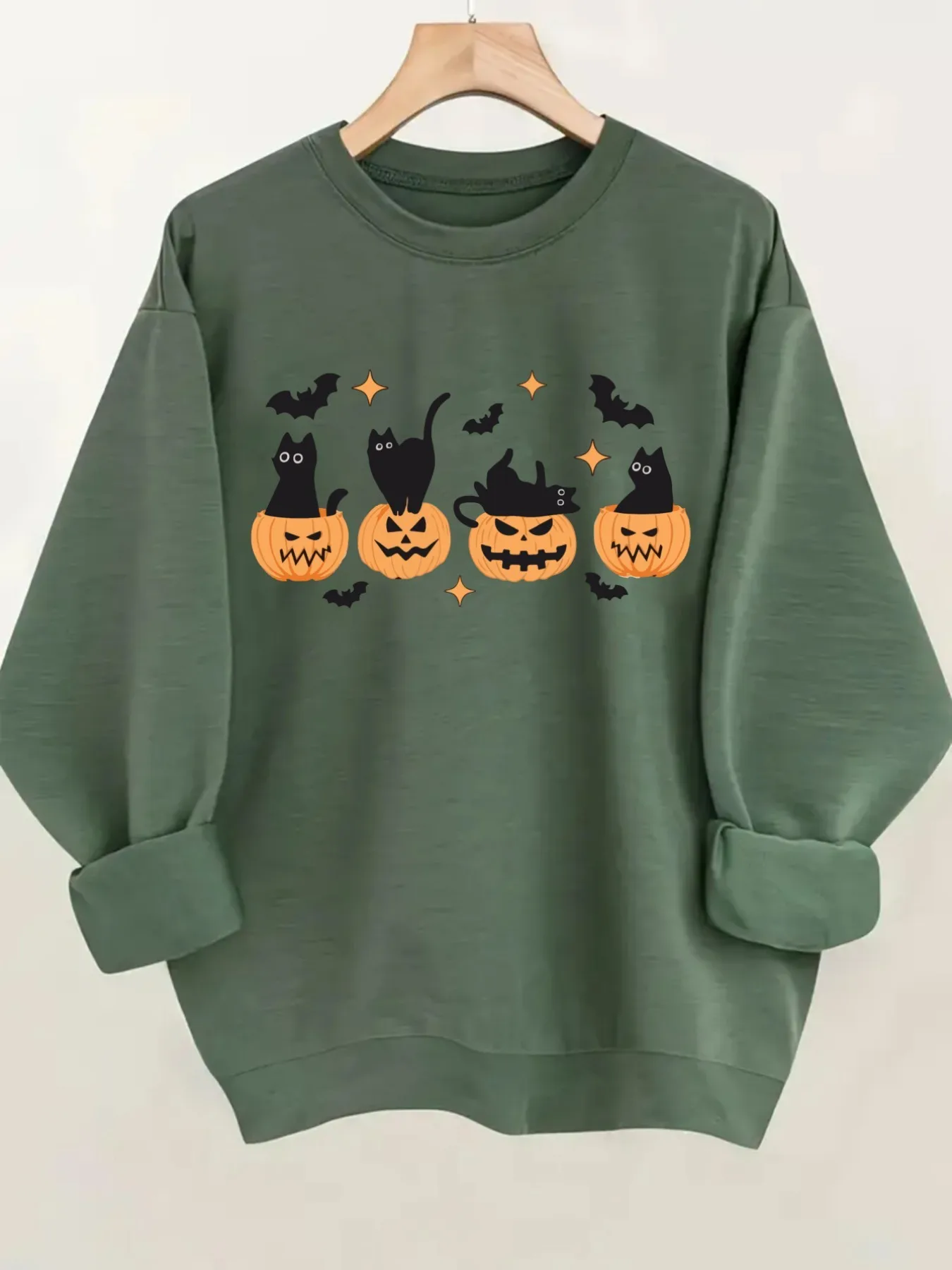 Women's Crewneck Pullover Sweatshirt Halloween Cat Pumpkin Design, Soft Casual Long Sleeve, Daily Casual Top Outfit, Winter Women's Clothing, Halloween Costume Outfit