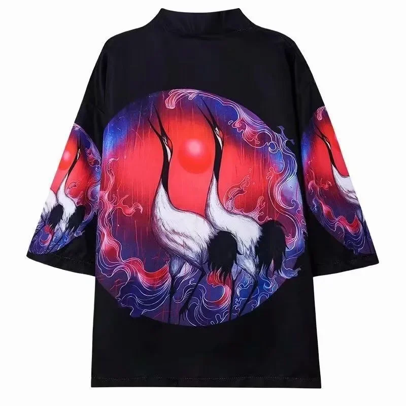 Summer Crane Print Kimono Unisex Fashion Hawaiian Shirt Trendy Beach Tops Yukata Bathrobe Haori Loose Kimono Cosplay Outwear