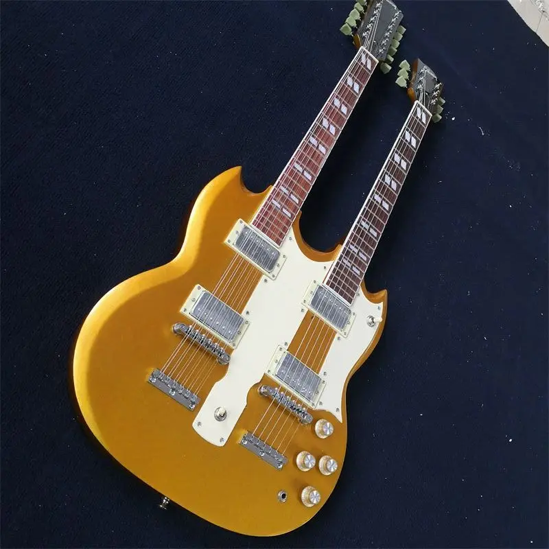 Double Headed 6-string 12-string  22 Frets Electric Guitar Humbucker Pickups White Guard Plate Yellow Body Factory Outlet Expert