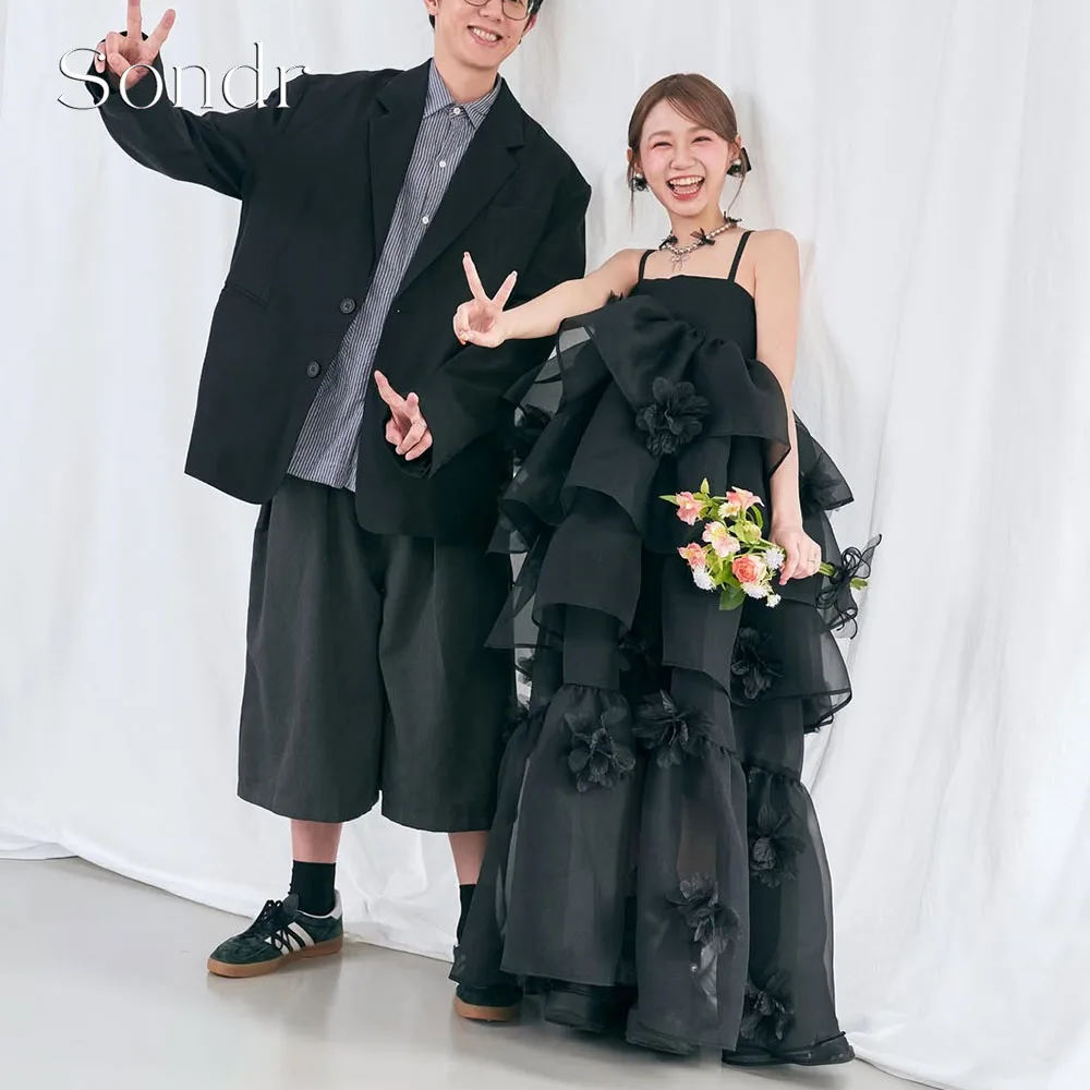Sondr Customized Black Korean Wedding Dresses Tiered Silk Organza 3D Flowers Long Bridal Gown Japanese Women Wedding Party Gown
