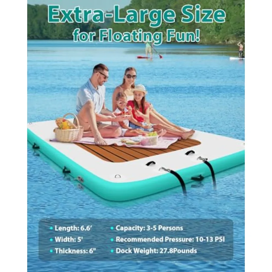 Inflatable Floating Dock Platform for lake, sea, swimming pool use; PVC material; blue color; quick-inflate design with storage