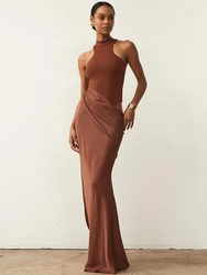 Sibybo Satin Patchwork Hollow Out Maxi Dress For Women Fashion Sleeveless Turtleneck Party Club Sexy Evening Vestidos Elegant