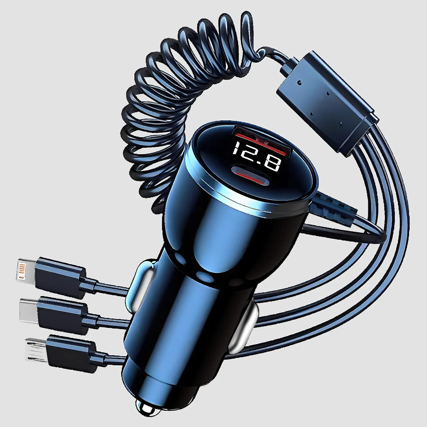 USB-адаптер автомобильного зарядного устройства для телефона с выдвижным кабелем, светодиодный монитор напряжения 4 в 1, сверхбыстрая зарядка для iPhone, Samsung, Huawei