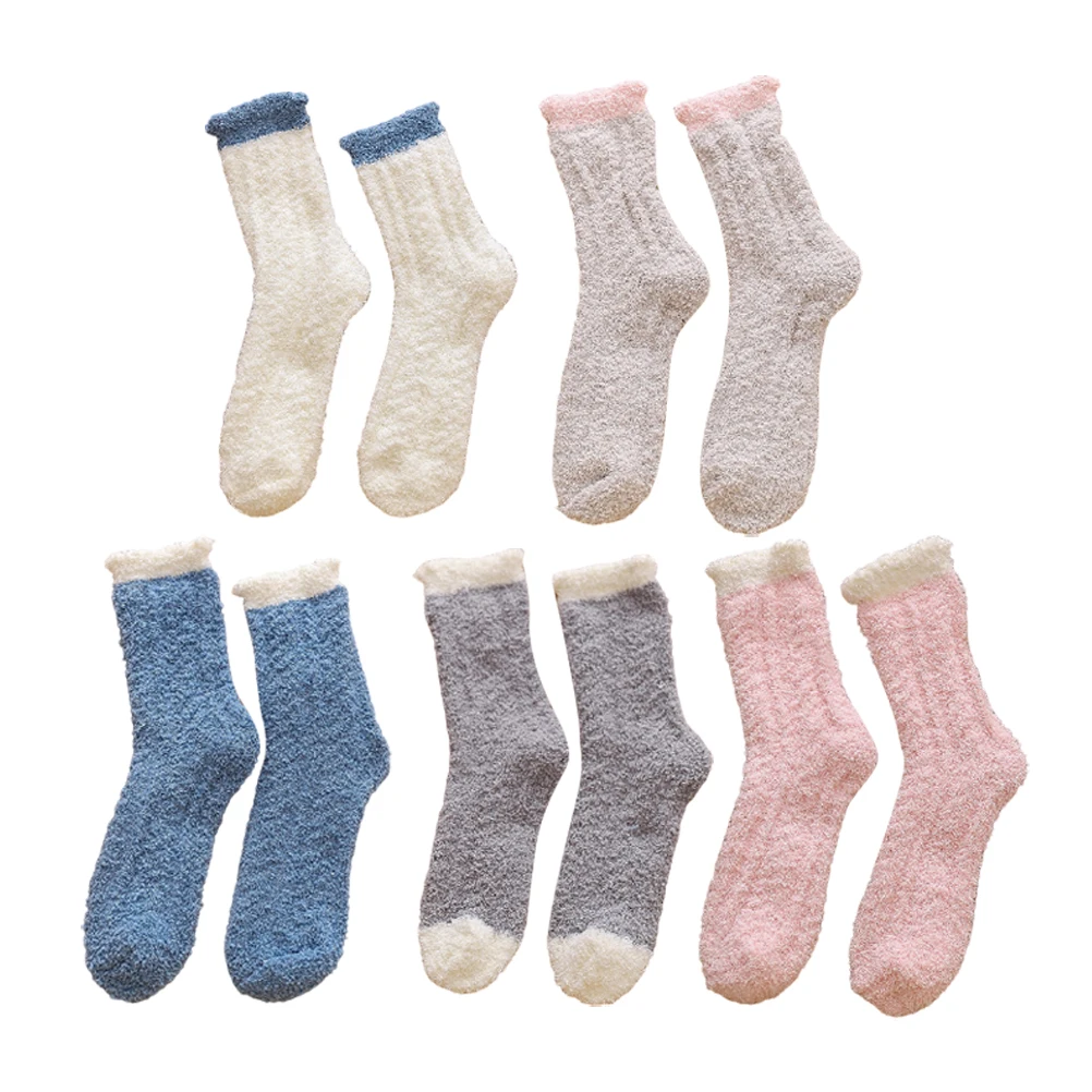 

5 Pcs Colorful Mid-Calf Warm Floor Socks For Women Comfortable Thickened Coral Fleece