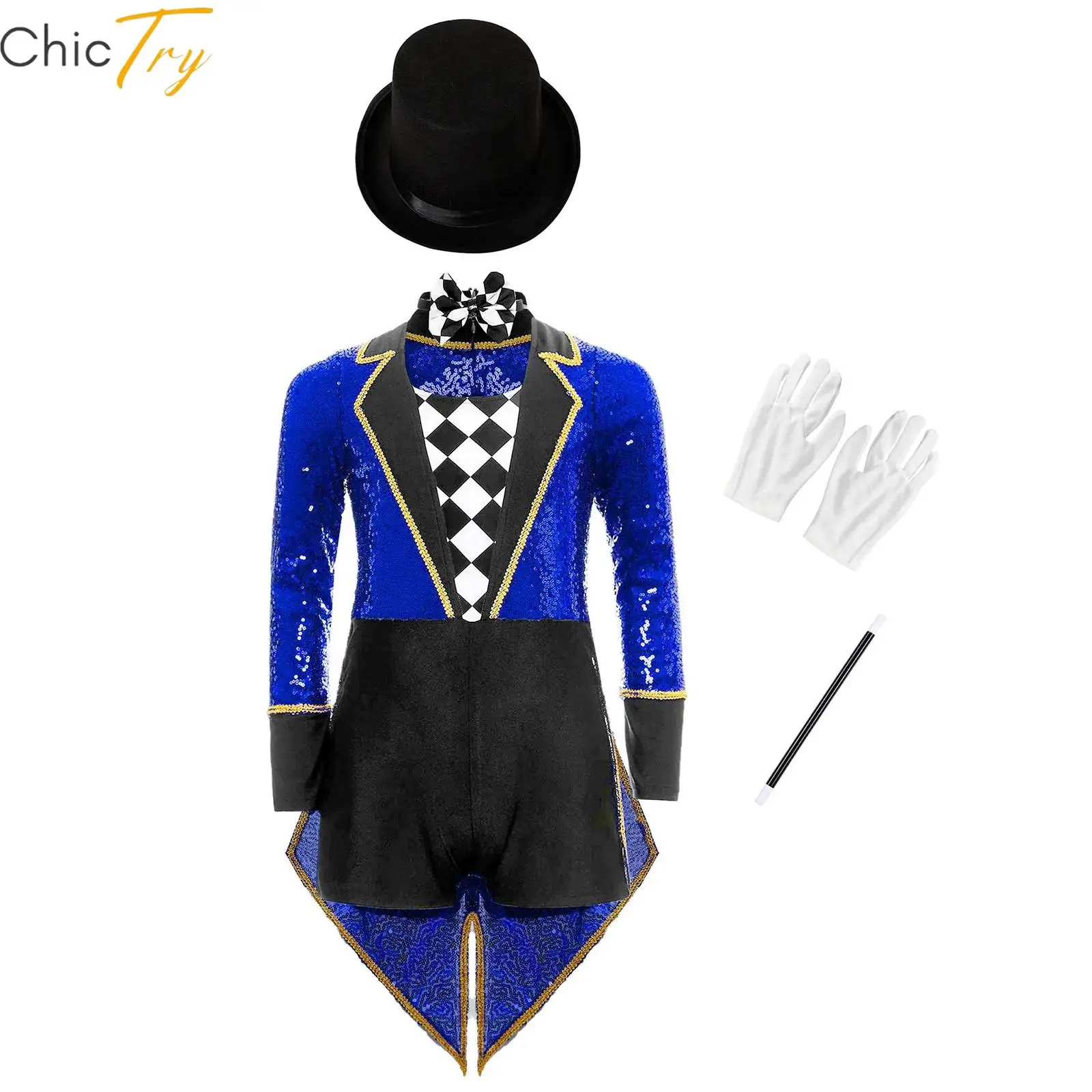 

Kids Boys Girls Halloween Circus Magician Cosplay Costume Roleplay Dress Checkerboard Tailcoat Bodysuit Bow Tie Hat Gloves Wand