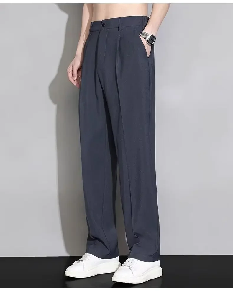 Korean Men Pants Summer Ice Silk Casual Long Pants Elastic Waist Elegant Suit Trousers Straight Wide Leg Business Pants Y2k