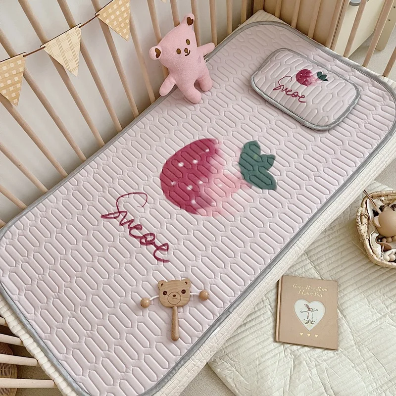 2pcs Cooling Viscose Fiber Latex Mat Set Kids Cartoon Panda Strawberry Print Summer Baby Children's Bed Sheet Foldable Washable