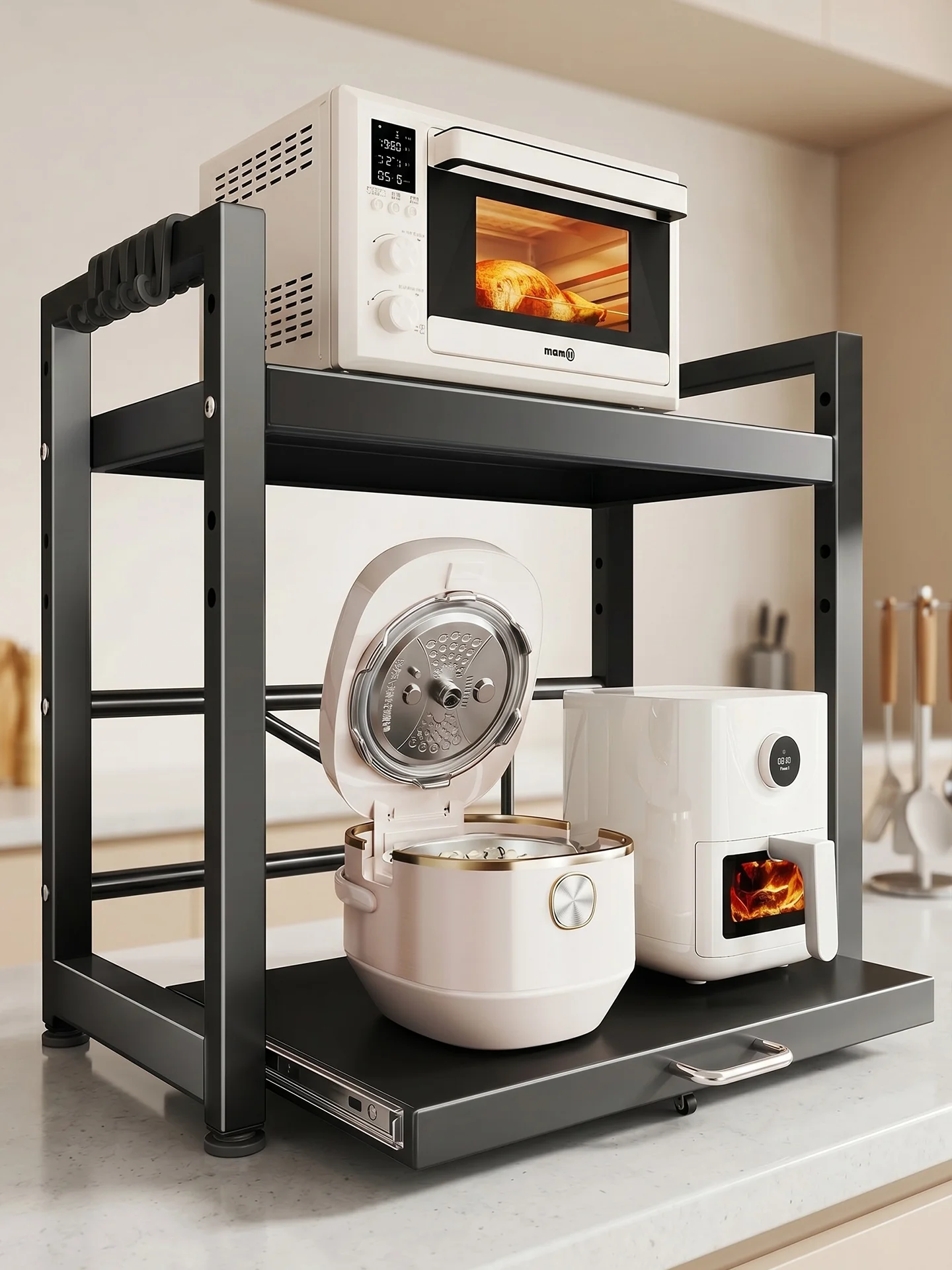 キッチンカウンター用電子レンジ・炊飯器・オーブン専用収納ラック-引き出し式棚-長方形-高級スタイル-炭素鋼素材