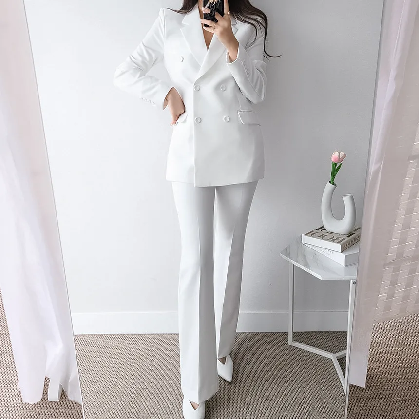 Korean Women\'s Graceful White Blazers Pants Two Piece Set Office Lady Basic Work OL Outfits Black Jacket Trousers Suit Female