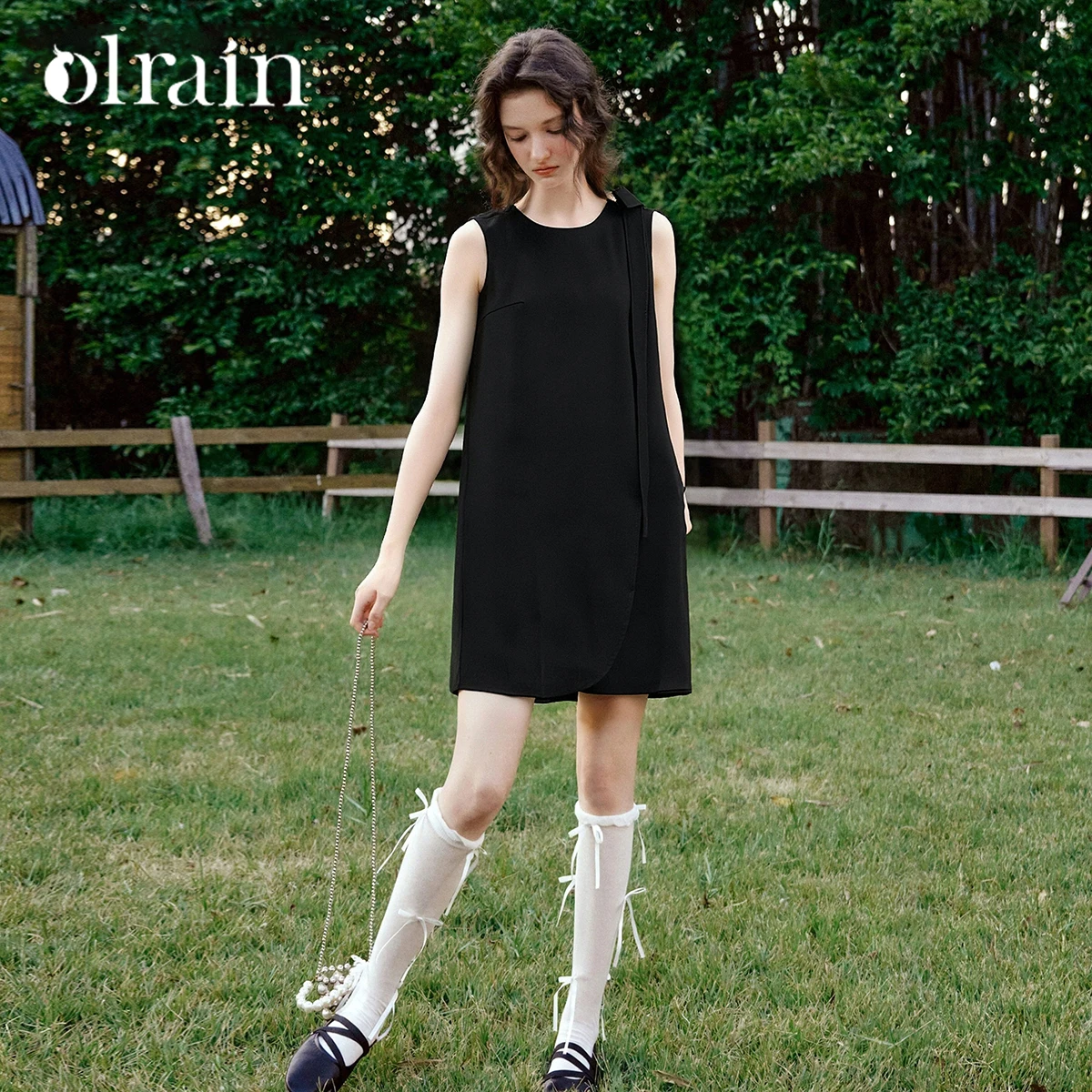 

OLrain French One Shoulder Bow Tie Straight Women's Dress 2026 Summer Simple Office Crew Neck Sleeveless Mini Dress O58XL005680