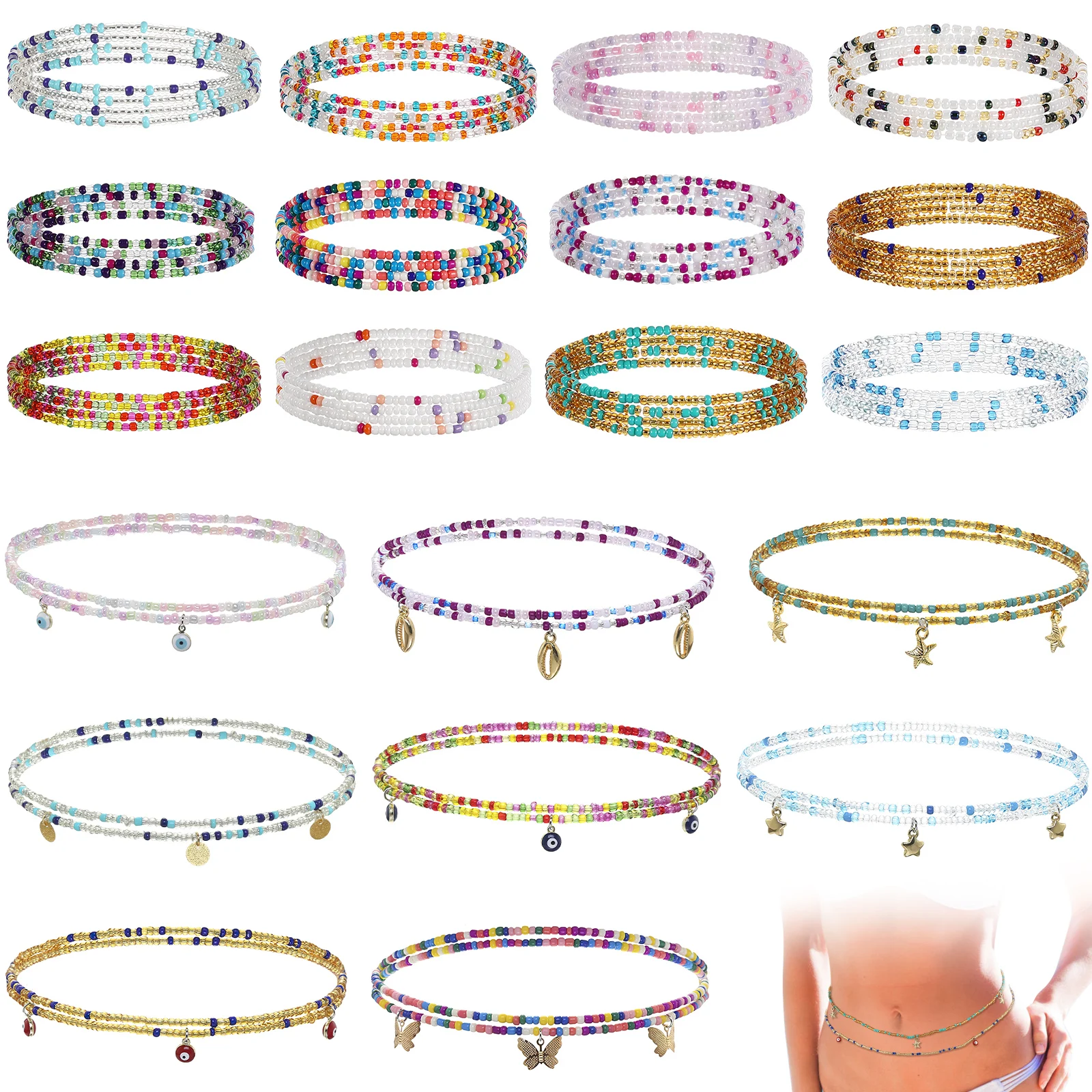 

20 Pcs Waist Chain Women Body Jewelry for Jewellery Beads Tie on Colorful Beaded Belly Chains Belt