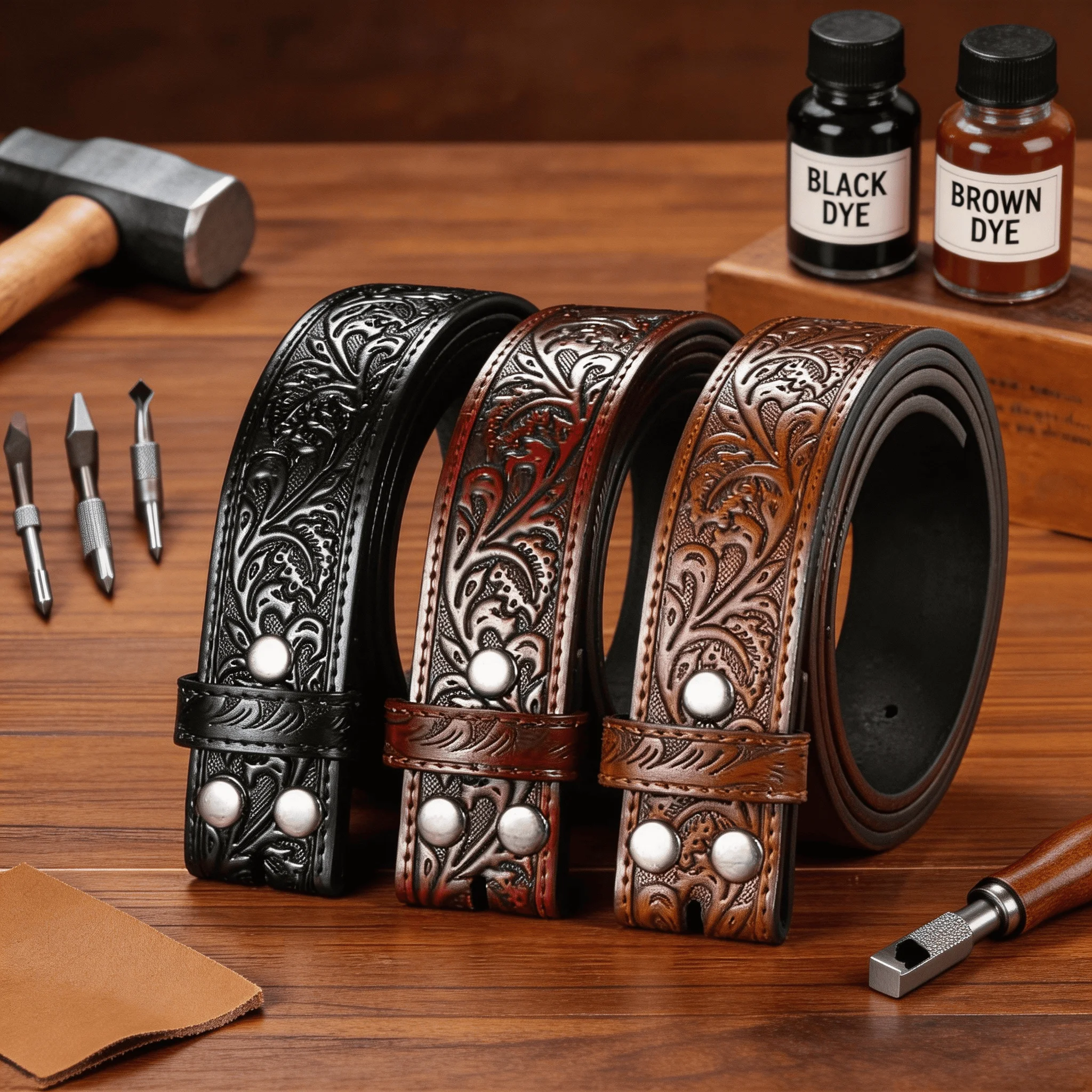 Western Style Tooled Leather Belt Strap - Buckleless Design for Customizable Fit