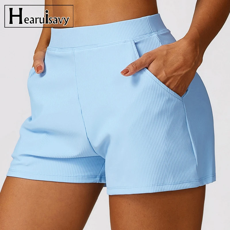 Ribbing Yoga Shorts Casual Sports Shorts Women Pockets Gym Running Pants Women Workout Loose-fitting Shorts Female Yoga Clothing