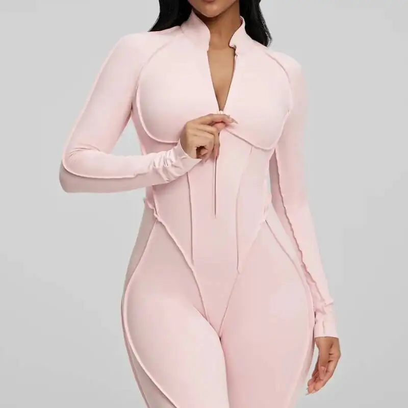 

One Piece Yoga Jumpsuits Sports Fiess Zipper Hip Lifting Long Sleeve Backless Dance Workout Gym Shorts Bodysuits For Women