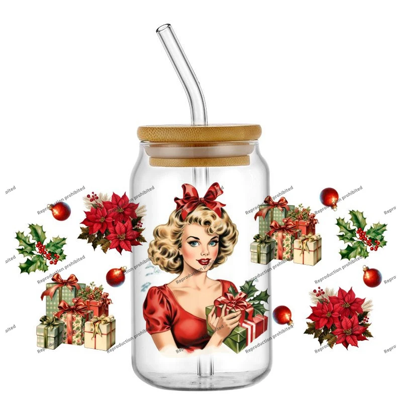 

Christmas Vintage beauty Coffee cup DIY 16oz UV DTF Cup Wrap Transfers Stickers Decorate Mugs Beer Can Bottle Libbey Glass