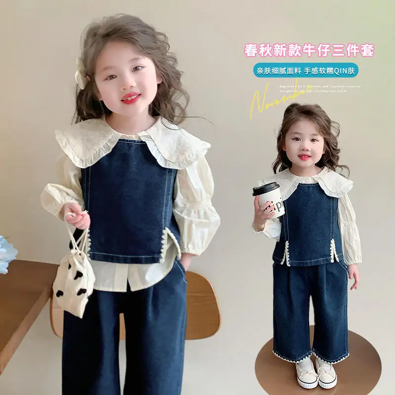 

Kawaii модная рубашка для девочек, ковбойский жилет, комплект брюк, студенческий осенний повседневный топ с героями мультфильмов, длинные брюки, комплект из 3 предметов, детская одежда