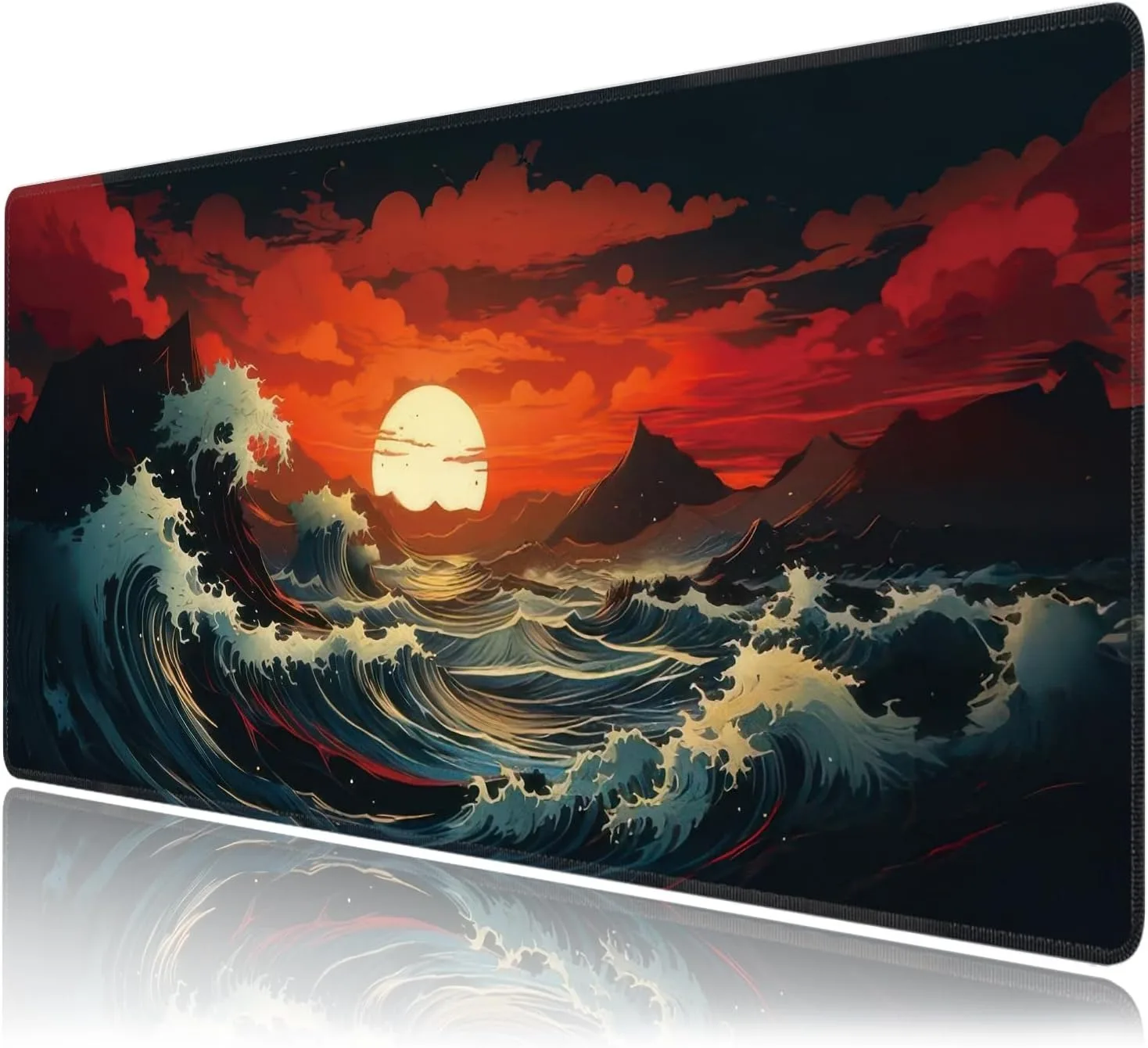 Large Gaming Mouse Pad Red Sunset Ocean Wave Extended DeskMat Non‑Slip Rubber Playmat with Stitched Edges Home Office CP Gamemat