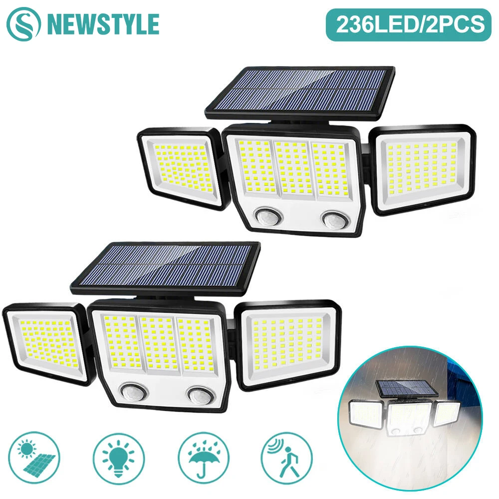 

2 PCS Solar Lights Outdoor 236/348 LED Super Bright Motion Sensor Security Lights with 3 Modes IP65 Waterproof for Garden Yard