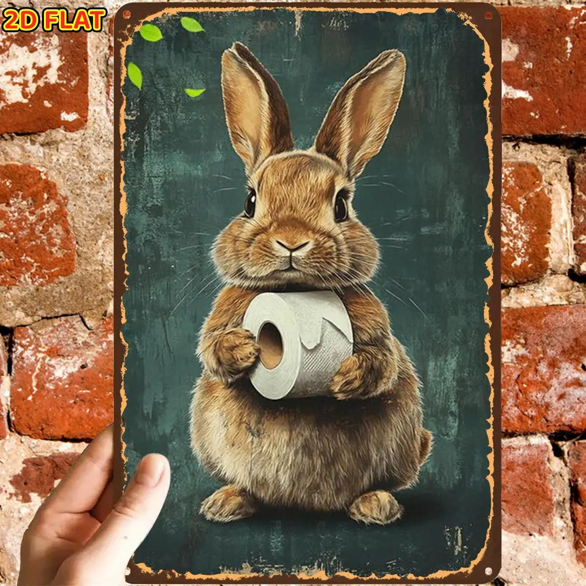2D Flat, 1pc, Retro Vintage Cute Rabbit with Toilet Paper Art Print Metal Tin Sign, Pre-Drilled Holes, Ideal for Indoor, Garden,
