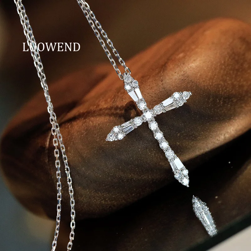 

LUOWEND 100% 18K White Gold Necklace Fashion Cross Pendant Real Natural Diamond Necklace for Women Anniversary Gift Fine Jewelry