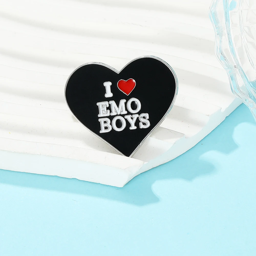 New I Love EMO Boys Heart Pins Black And White Enamel Letter Brooches Valentine's Day Gift