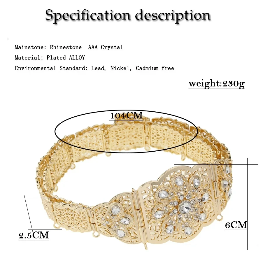 Sunspicems elegante Color dorado caftán árabe cinturón cadena de cintura para mujer cristal Marruecos cinturón nupcial longitud ajustable joyería de boda