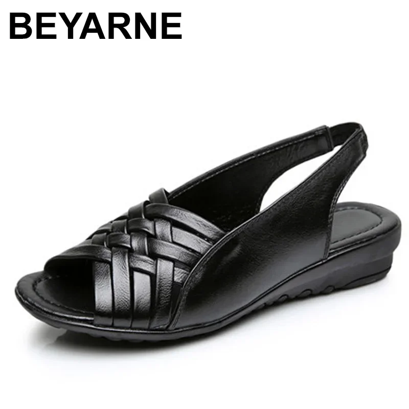 BEYARNE Summer Women Shoes Woman Genuine Leather Flat Sandals Open Toe Mother Wedges Casual Sandals Women Sandals Black Big Size