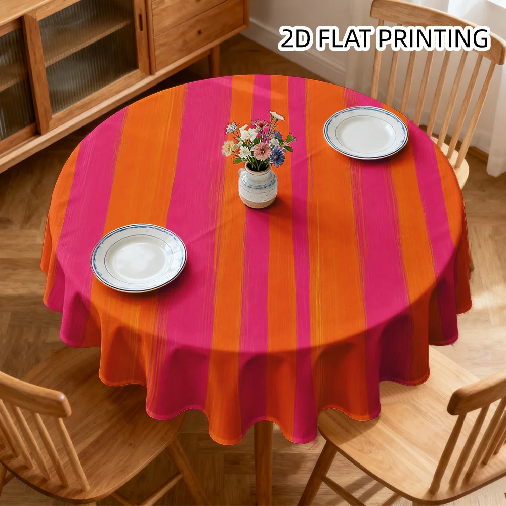 A 2D flat print round tablecloth with vertical orange and pink stripes, suitable for indoor and outdoor use