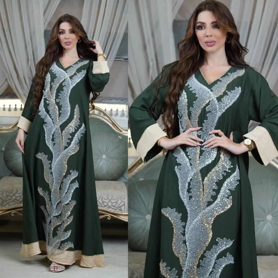 Abaya-Robe longue brodée à paillettes pour femmes musulmanes, caftan marocain, vêtements islamiques, robe de soirée élégante, Dubaï, Turquie, mode