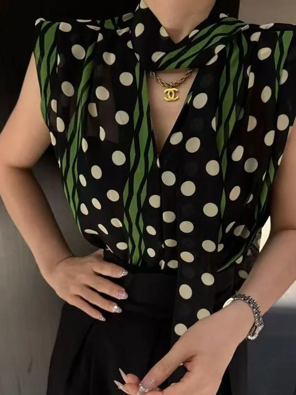 

Retro Polka Dot Print Sash Sleeveless Women's Shirt Summer New Style V-Neck Chiffon Top Loose Fit Lightweight Non-Stretch