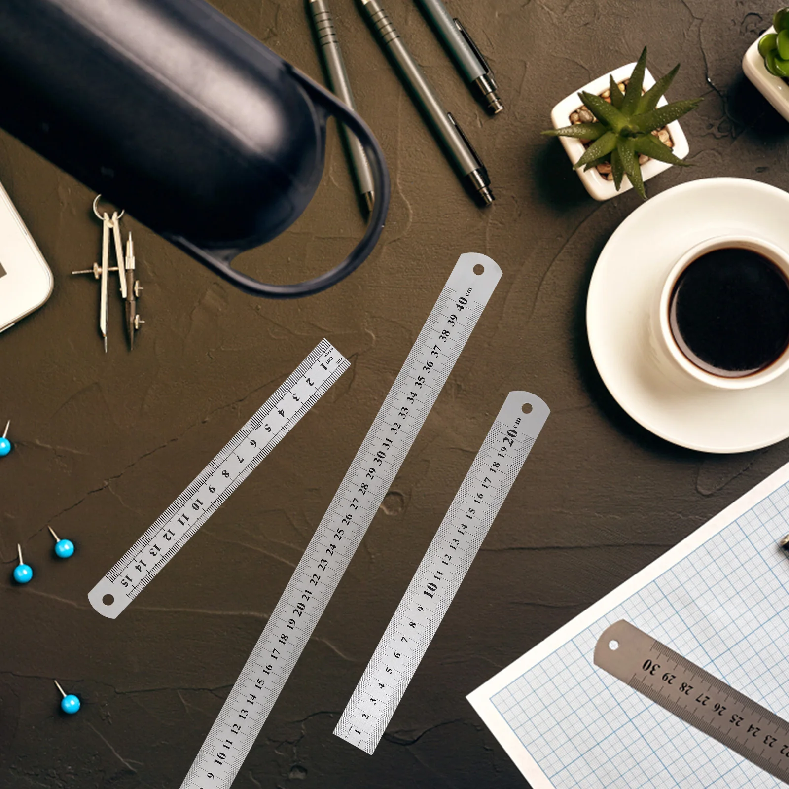 4Pcs Stainless Steel Ruler Set Double-Sided Scale Metal Measuring Tools Durable Precision Design for Engineering Office School