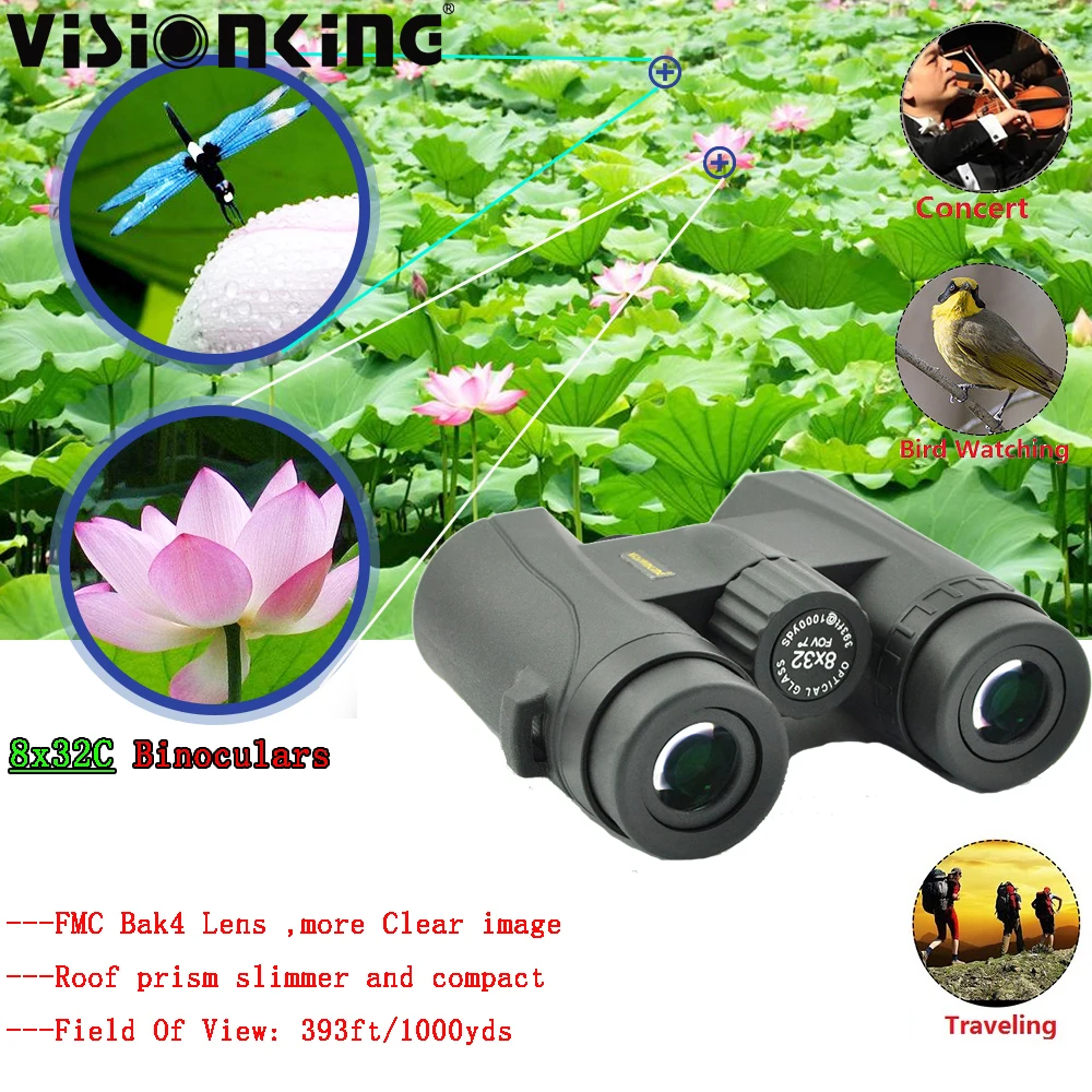 

Visionking 8x32 Roof Prism Binoculars Professional Waterproof Bak4 FMC Long Range Outdoor Travelling Camping Optical Telescope