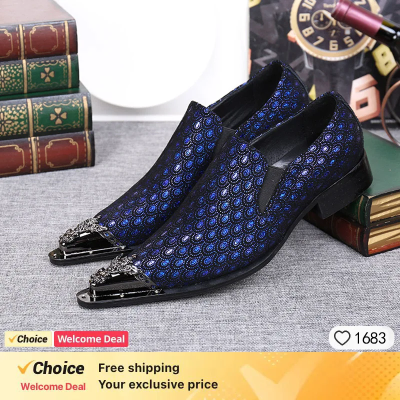 Luxury brand men's formal shoes, blue peacock print pointed casual men's formal shoes, wedding banquet formal leather shoes ﻿