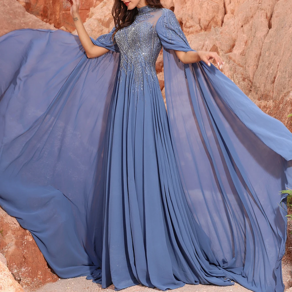 Women O Neck Plus Sizes Beaded Bodice A Line Chiffon Skirt Royal Blue Froaty Sleeve Arabic Modest Mother Of The Bride Dresses