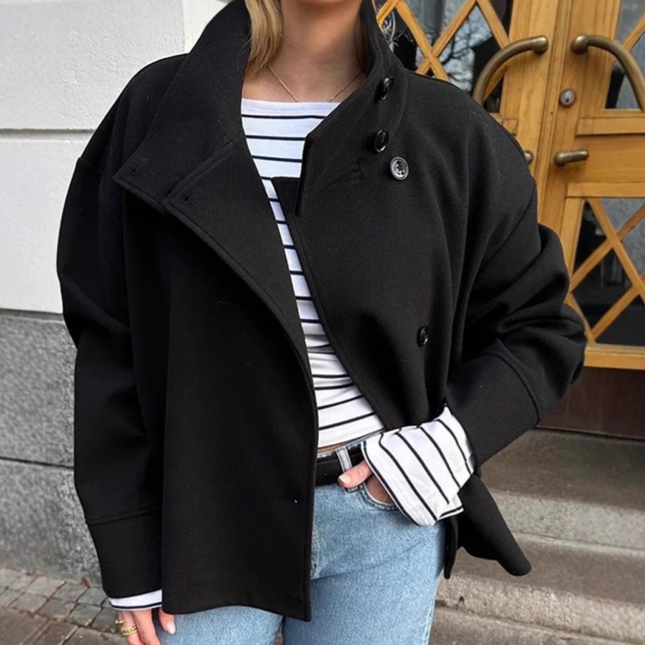 معاطف قصيرة من الصوف للنساء سترات مزج بياقة واقفة معطف سميك دافئ Y2k ملابس الشارع الشهير ملابس خارجية للعمل لخريف وشتاء 2025