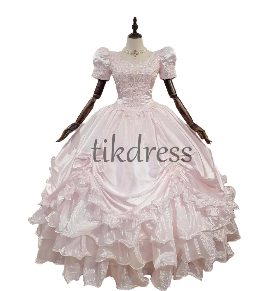 

Retro 1980s Pink Wedding Dress With Short Sleeve Oranza Ruffles Rococo Victorian Bride Dress Lace Gothic Steampunk Customized