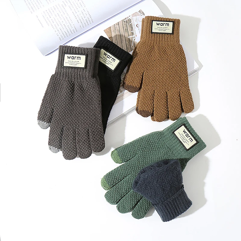 Luvas masculinas de malha touch screen, mitten monocromática de caxemira, grossa, quente, lã, negócios, inverno, alta qualidade