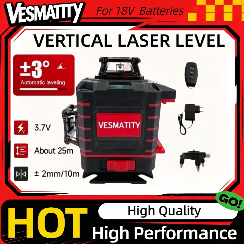 16 Lines 4‑Sides 360° Vertical Green Beam Laser Level Self‑leveling Cross Line Measuring Tool with Battery