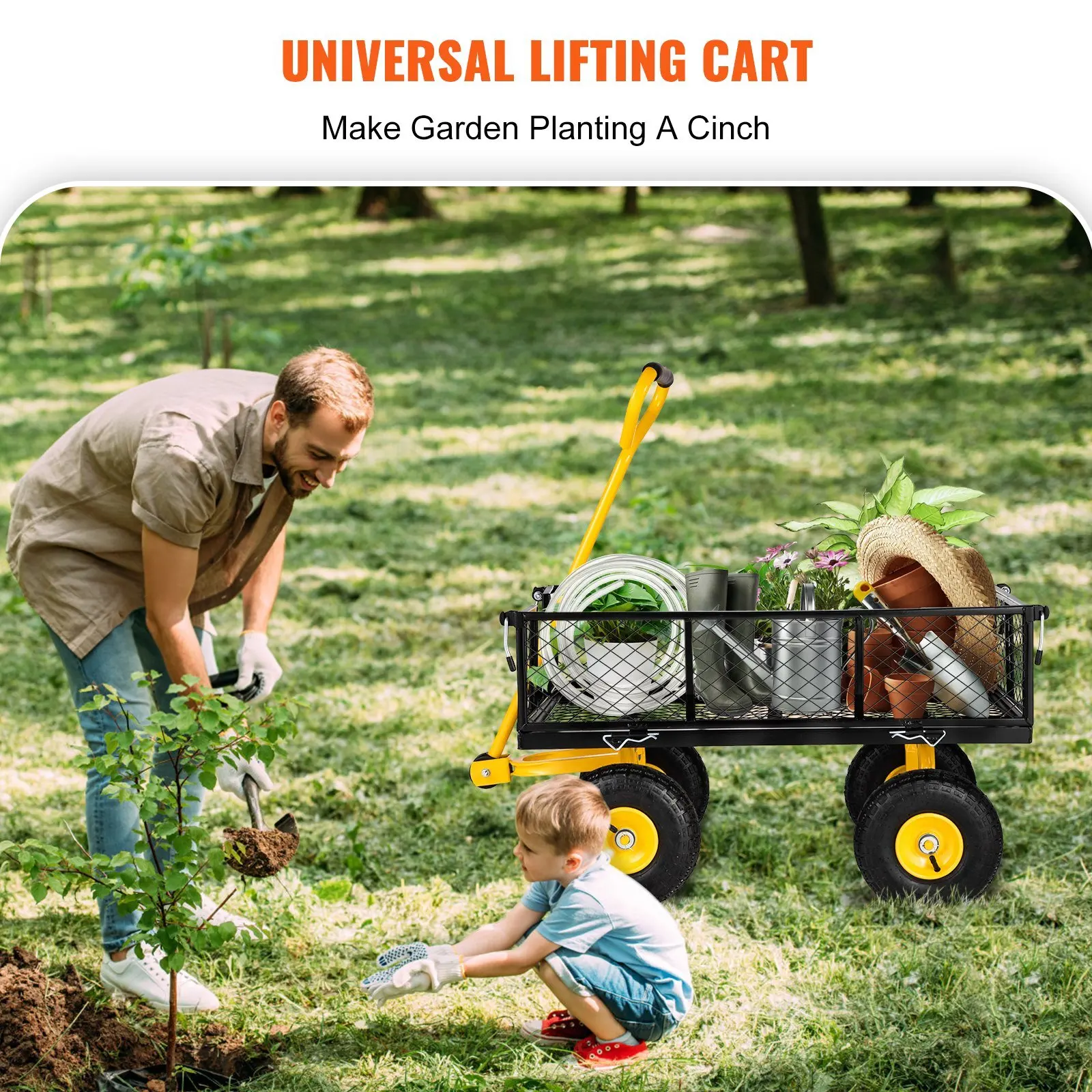 VEVOR Steel Garden Cart Utility Metal Wagon with 180° Rotating Handle and 10 in Tires Heavy Duty 900 lbs Capacity