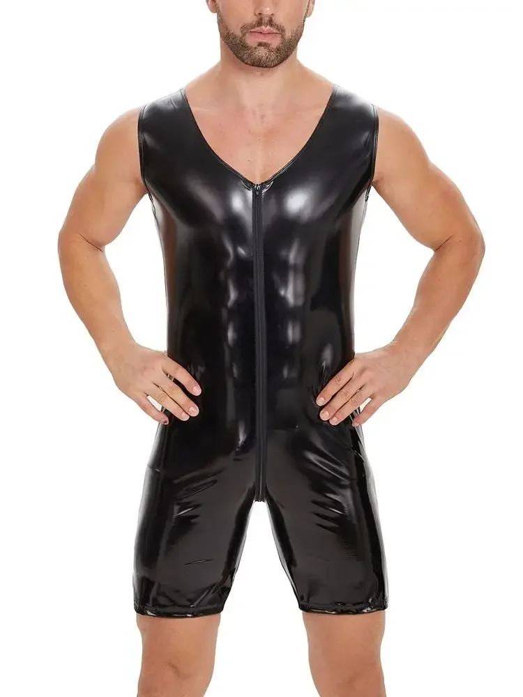 S-7XL بلا أكمام لامعة فو بولي Leather الجلود Playsuit سستة مفتوحة المنشعب ارتداءها نظرة الرطب PVC Catsuit الجوارب الساخن للتنحيف كمال الاجسام