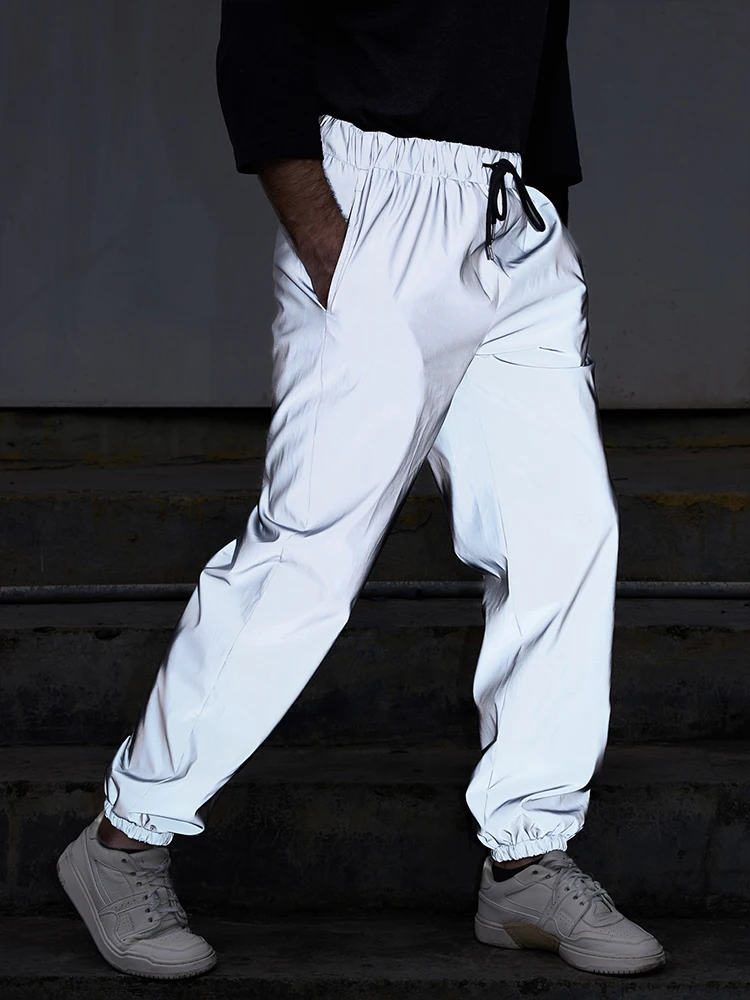 

Men's Night Reflective Loose Jogging Pants | Fashion Outdoor Drawstring Hip-Hop Streetwear Trousers Grey Male Dance Clothes