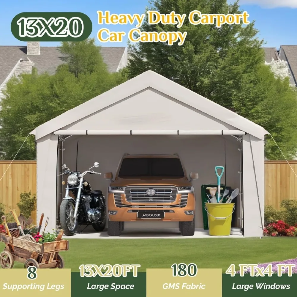 

13' X 20' Heavy-duty Carport, Portable Garage with UV Protection and Steel Frame, Removable Side Walls