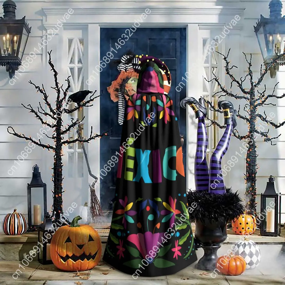 Colorful Mexican Traditional Pattern Hooded Cloak Polyester Unisex Witch Cape Costume Accessory