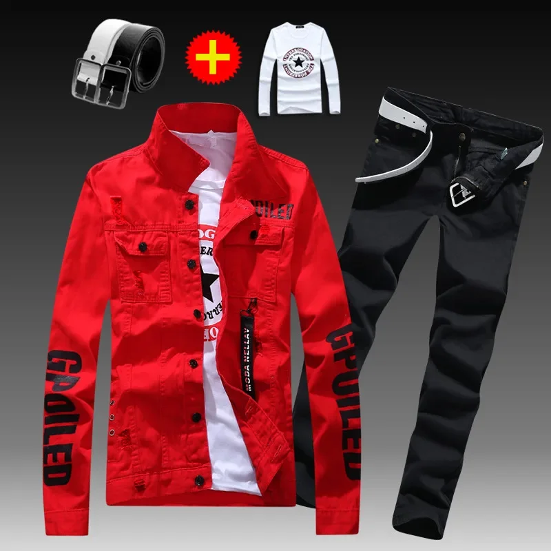 Men\'s Slim Fit Denim Jacket Pants 2pcs Set Long Sleeve Coats Letters Printed Casual Large Size Black White Red Boys Trousers